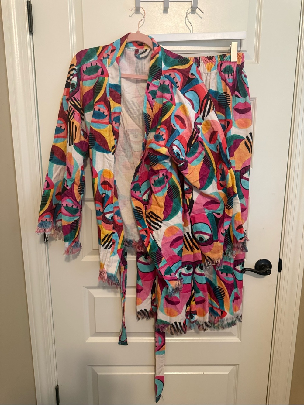 Abstract Multicolor Open-Front Tunic Top in Pink and Teal